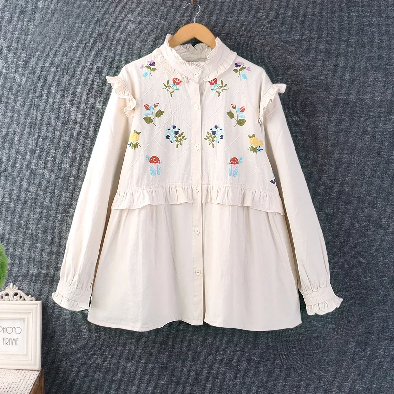 Mori Girl Floral Embroidery Blouse for Women, Sweet Shirt, Cotton Linen Tops, Long Sleeve, Casual Loose Tops, Japan Style