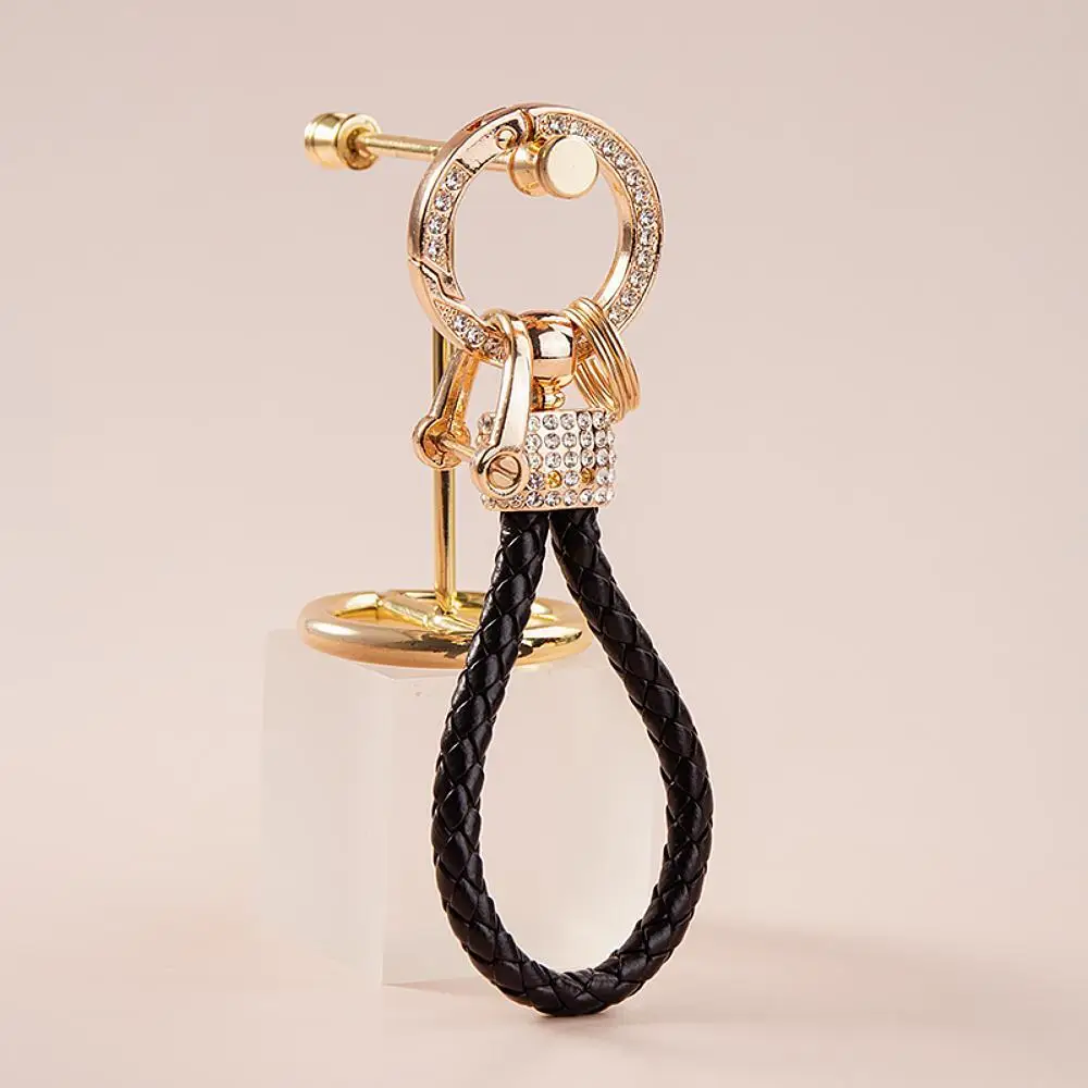Handcrafted Braided Rope Keychain with Sparkling Rhinestones - Stylish Monochrome Fashion Accessory