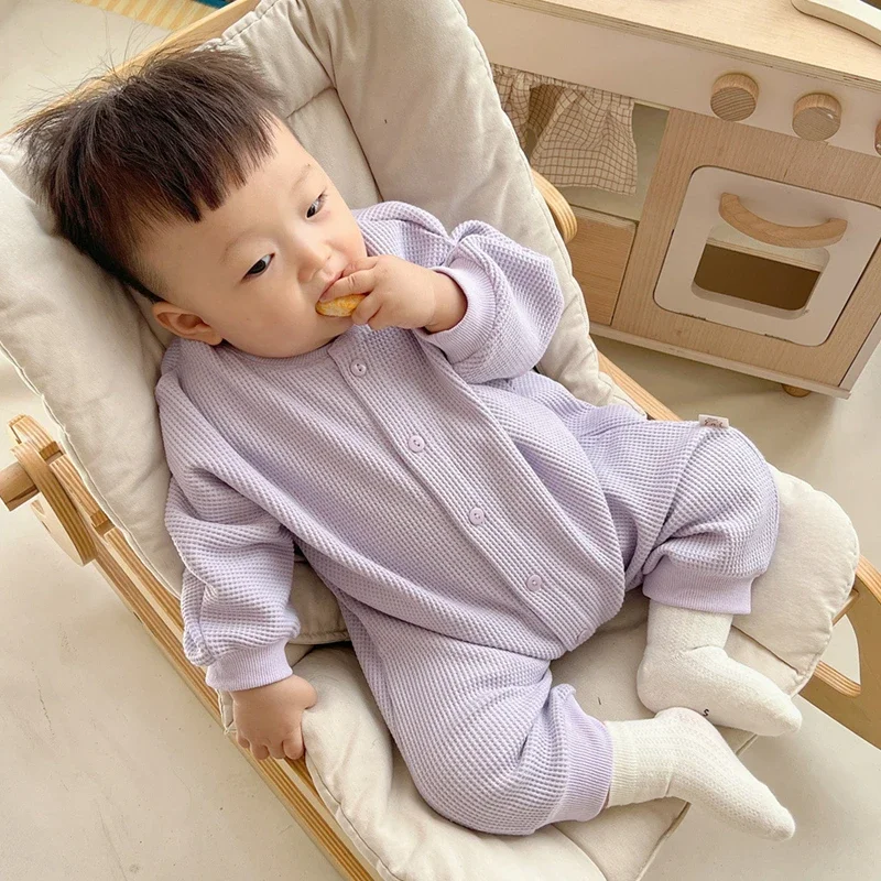 

Newborn Baby Boy Waffle Jumpsuit Spring Autumn Girl Solid Bodysuits for Infants Cotton Casual Kids Clothes Boys Costumes