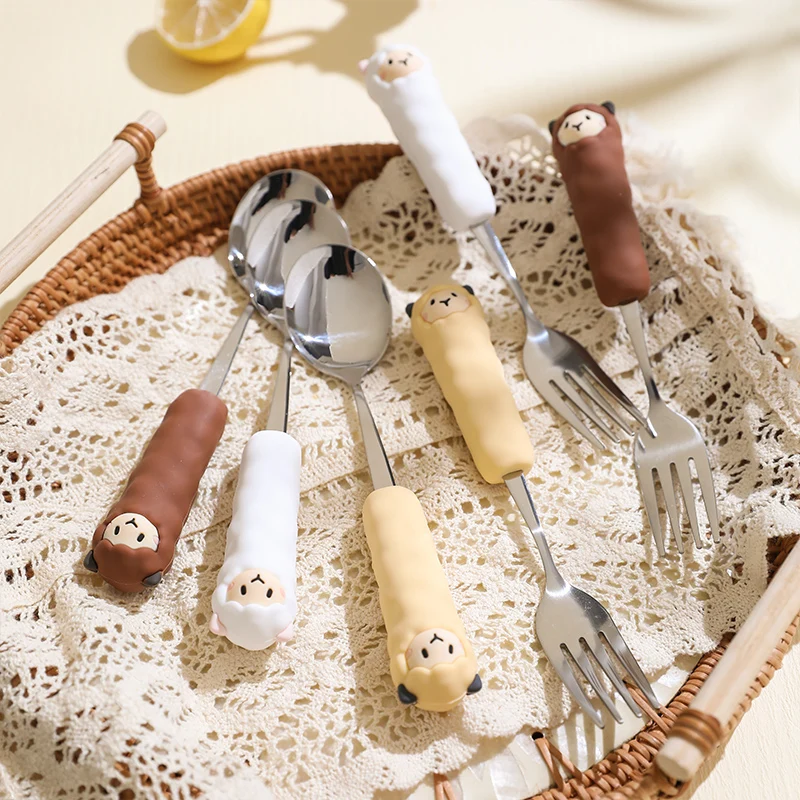 

Cartoon Alpaca Kids Tableware Spoon Fork Cutlery Set School Camping Cute Portable Stainless Steel Tableware