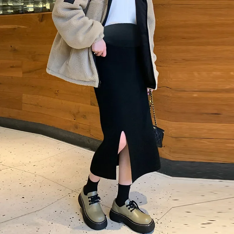 Maternity Fashion Knitted Belly Support Half Skirt Casual Trendy Mom High Waist Slit Slimming One Step Skirt Autumn Winter