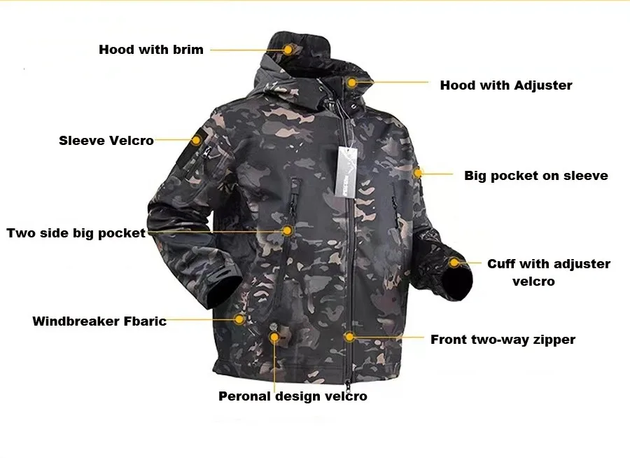 Description Picture 6 of itemMen's Hiking Jackets Outdoor Softshell Suits Waterproof Camouflage Pants Tactical Hooded Fleece Coat Winter Gift Belt