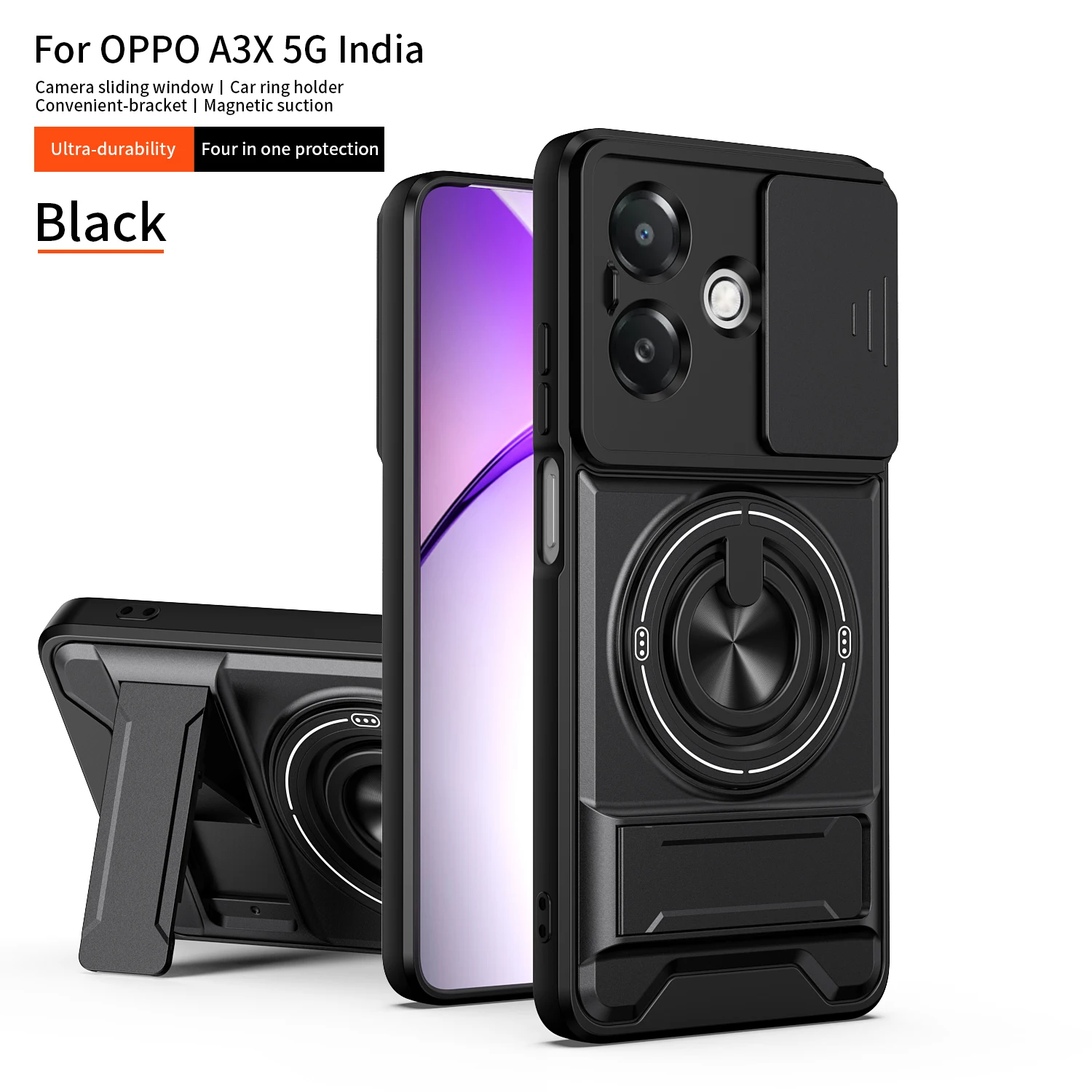 Armor Shockproof Phone Case with Sliding Camera Cap and Built-in Magnet Ring Kickstand