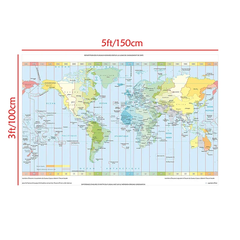 150*100cm The Wold Time Zone Map In French Vintage Non-woven Canvas Painting Wall Art Poster School Supplies Home Decor