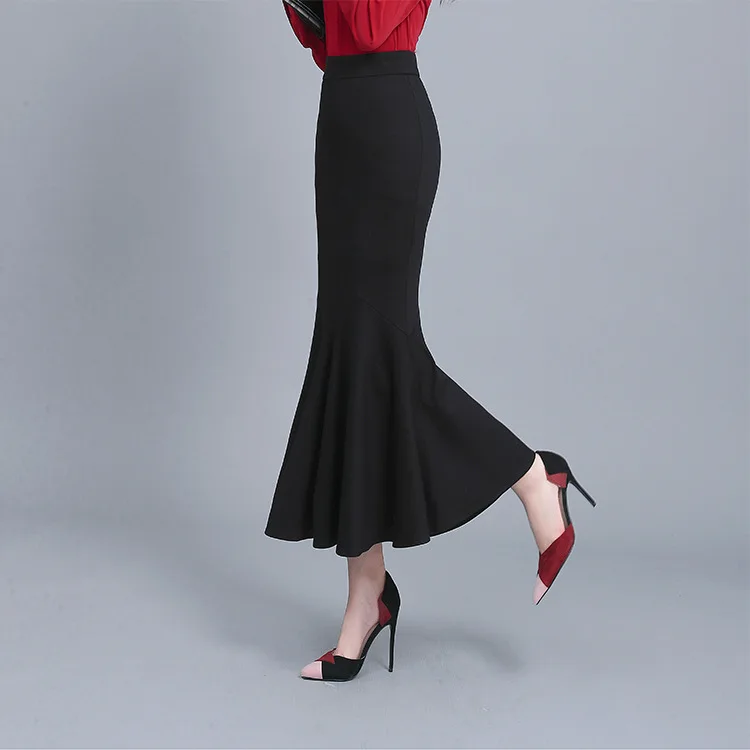 Spring Autumn New Ruffle Skirt Women Over The Knee OL Professional Hip Fishtail Skirt High Waist Slim Stretch Skirt