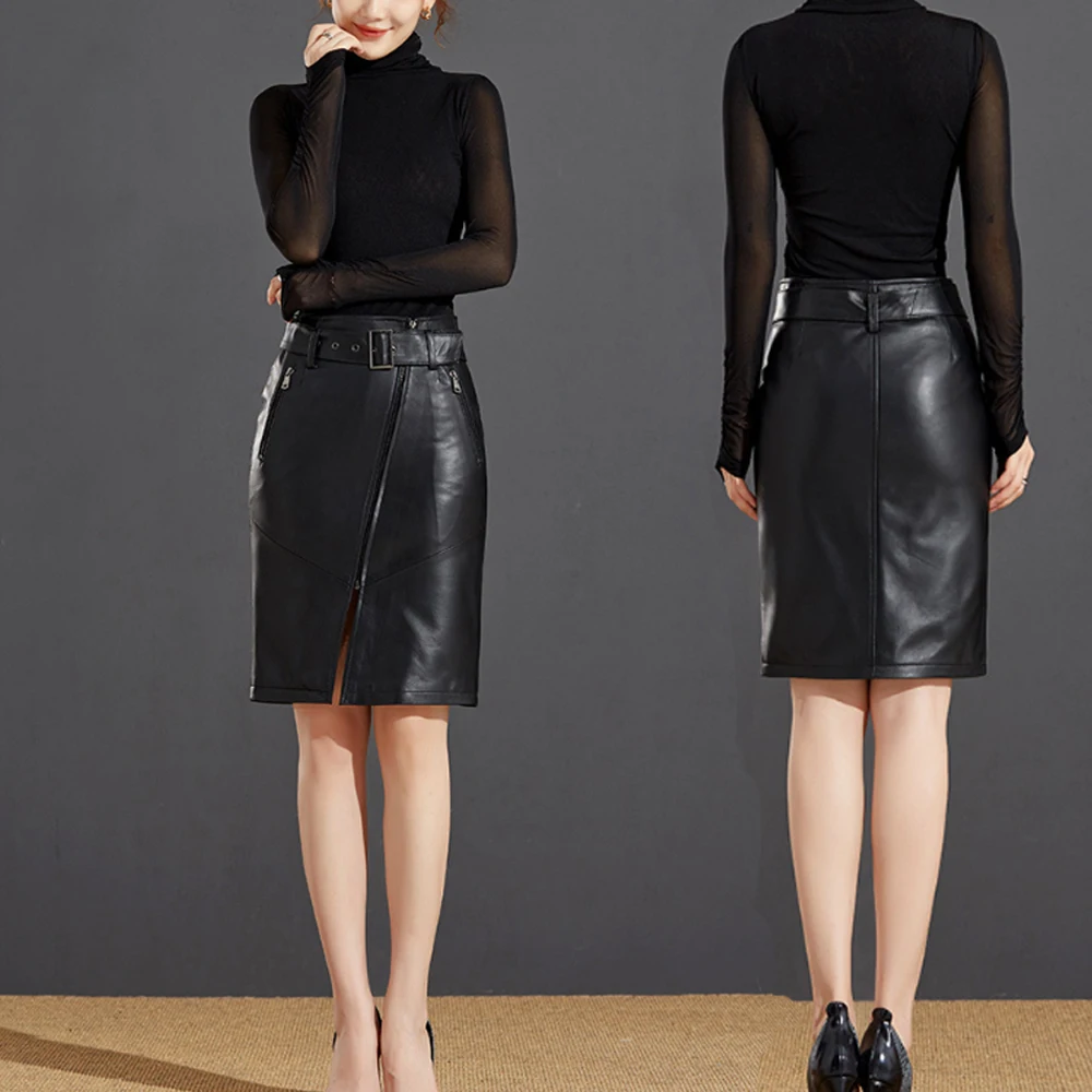 

Women Genuine Leather Skirts Sashes Zippers High Waist Slim Sheepskin Sexy Leather Skirts Package Hip Skirt Ladies Streetwear4XL