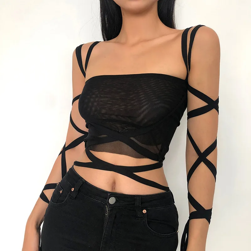 

Women Black Mesh Crop Top Cyber Y2k Grunge New Aesthetic Clothes Lace Up Bandage Mall Goth Tanks Sexy Summer Clothing Streetwear