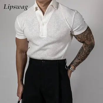 Polo a costine alla moda per uomo Sport Fitness Muscolo Manica corta Slim Stretch Top Casual Polo con risvolto in puro colore T-shirt da uomo