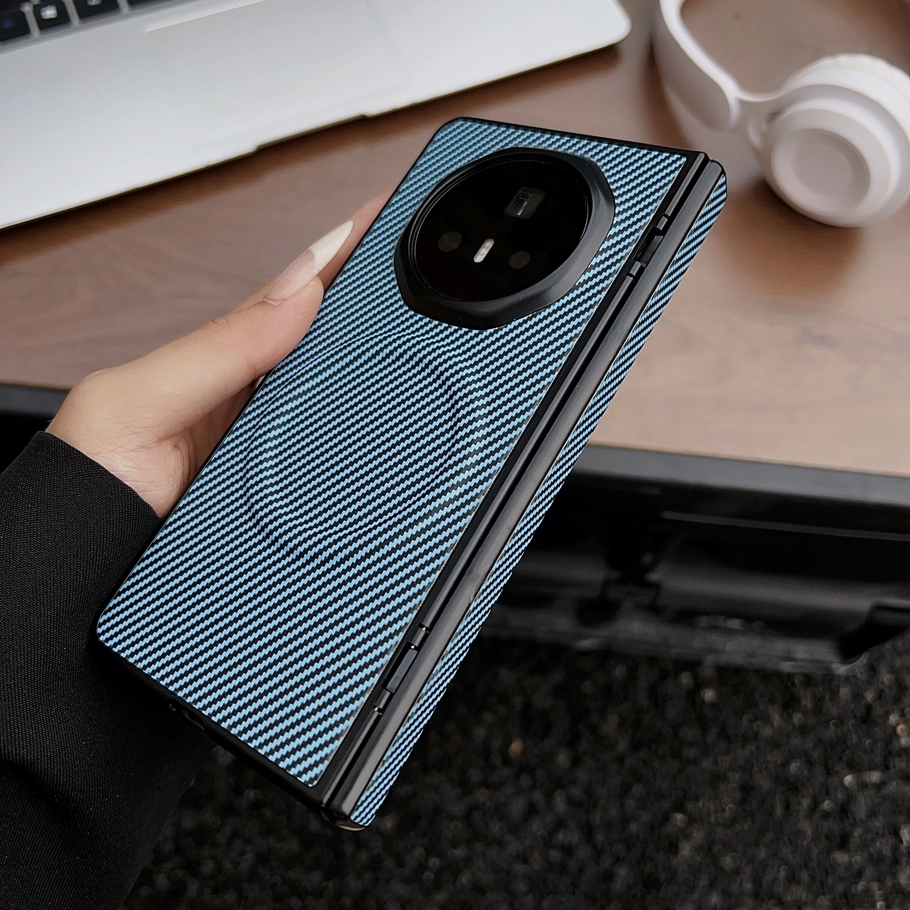 Luxury Carbon Fiber Pattern PU Leather Folding Wireless Charging Phone Case