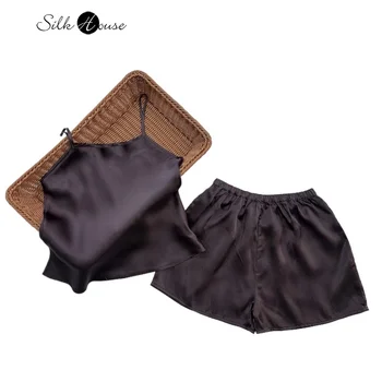 20MM Small Heavyweight 100% Natural Mulberry Silk Suspender Shorts Dark Coffee Casual Women's Skin-friendly Home Wear Pajama Set 1