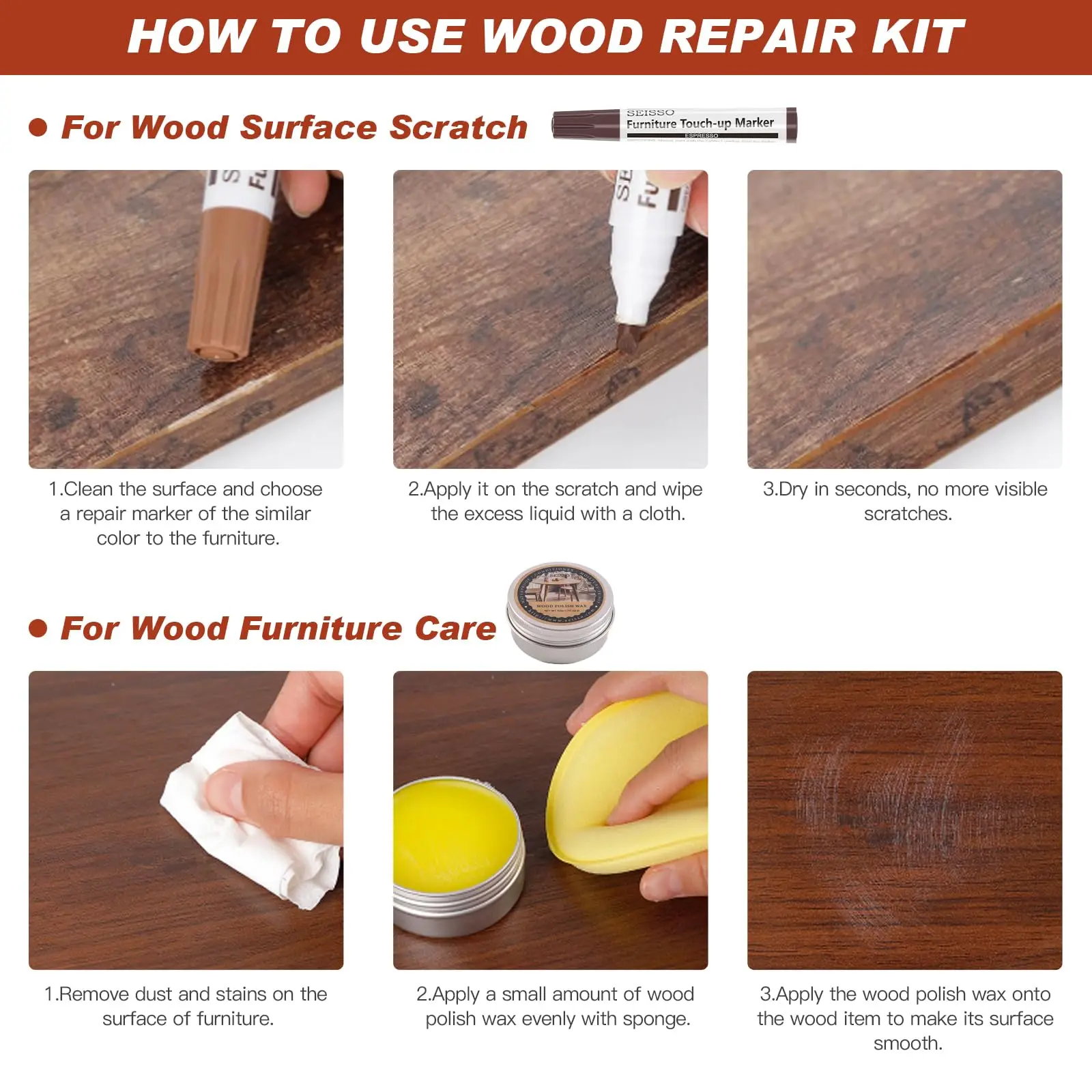 18 Colors Furniture Repair Kit Touch Up Markers with Wood Polish Wax Restore Finish Scratches Stains Tables Cabinet Floors