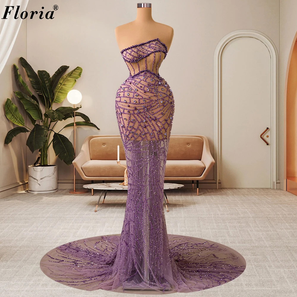 

Purple Mermaid Celebrity Dresses Strapless Pearls Red Carpet Runway Dresses Illusion Crystals Evening Gowns Vestidos De Noche