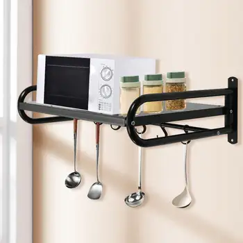 Wall Mount Microwave Oven Shelf Space-Saving Single Tier Shelving Kitchen Storage Rack Black with 6 Hooks Load 30kg 53*38*18cm