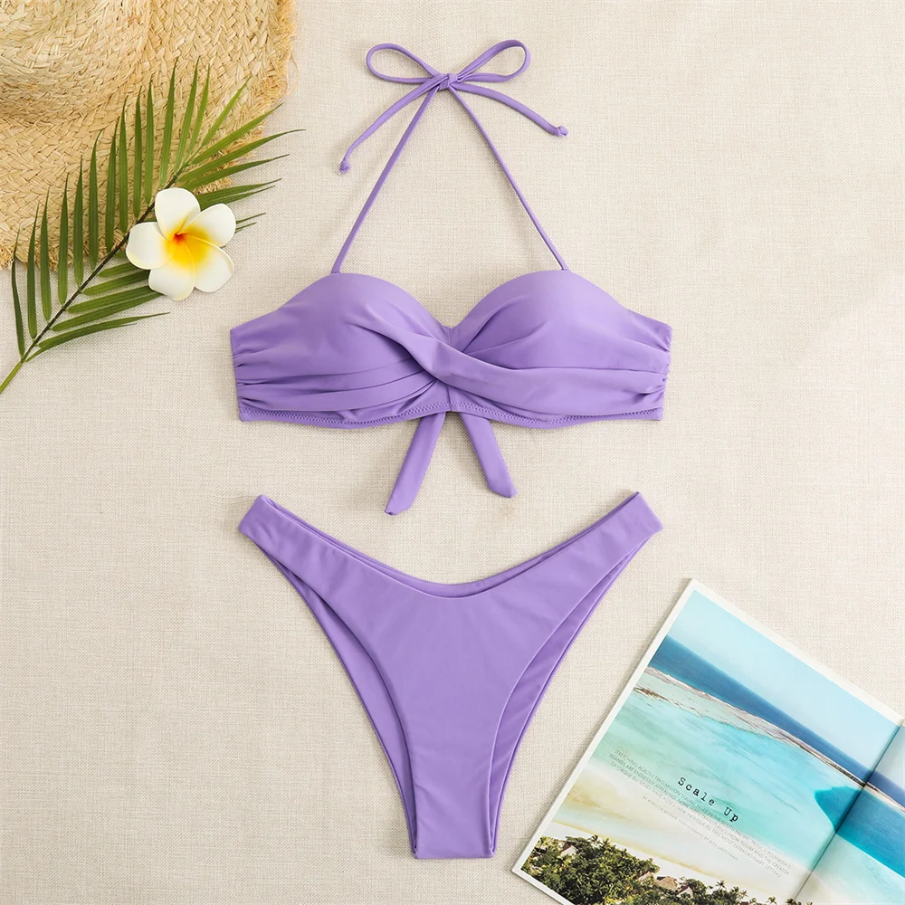 maillot de bain, bikini, Y2K, bandeau torsadé, push-up, taille haute,