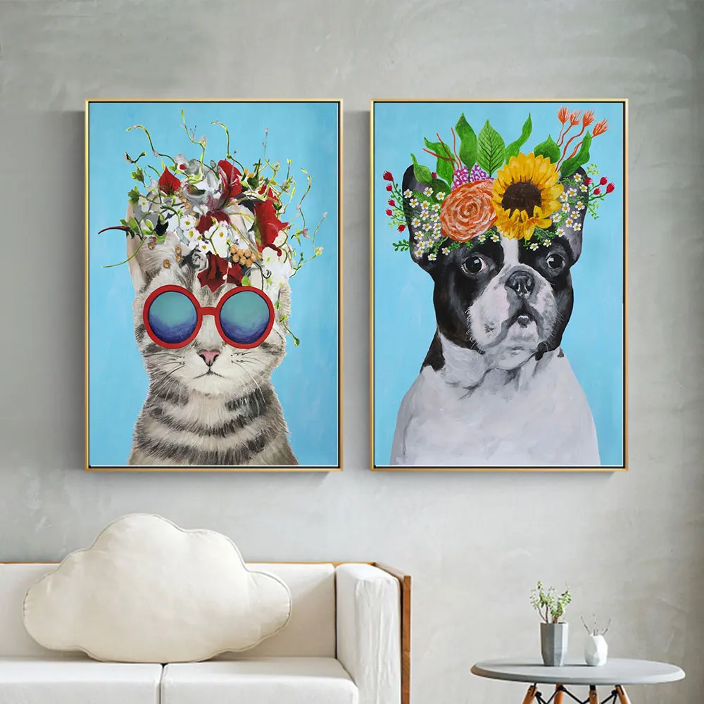 

Modern Flower Power Cat Art Prints and Posters Canvas Painting French Bulldog Picture Wall Art For Living Room Decoration Gifts