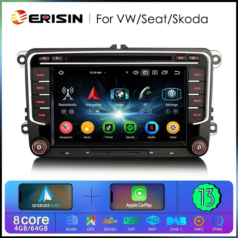 Erisin 차량용 스테레오 GPS, 4G 무선 카플레이, 자동차 라디오, VW 샤란 티구안 좌석 알테아 스코다, 훌륭한 DVD 플레이어, ES6735V, 안드로이드 13