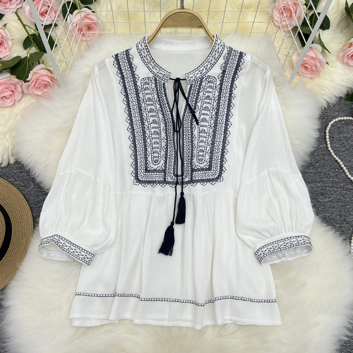 

AYUALIN Ethnic Embroidery Loose Summer Blouses 2022 Casual Tassel Shirt Oversize Blouse O-neck Long Sleeve Boho Shirts for Women