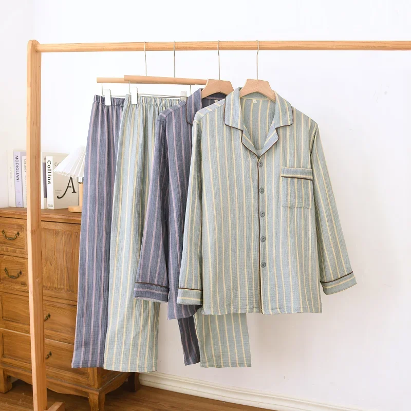 Ensemble deux pièces de vêtements de nuit pour hommes, tissu crêpe 100% coton, rayures verticales, manches longues, pantalon long, costume de maison, nouvelle collection printemps 2026