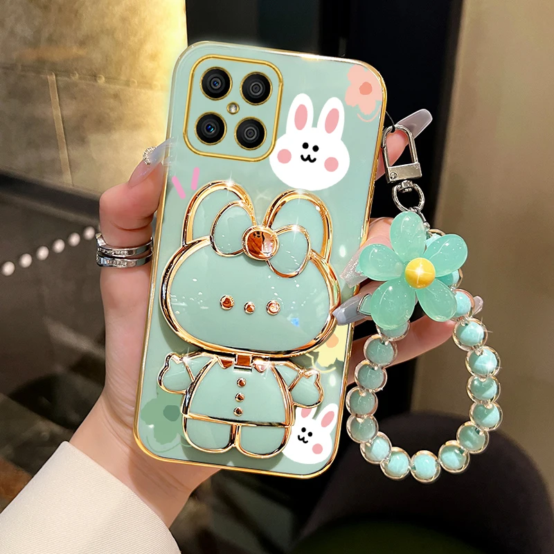 Luxury Floral Rabbit Makeup Mirror Phone Holder Case - Elegant Stand Back Cover