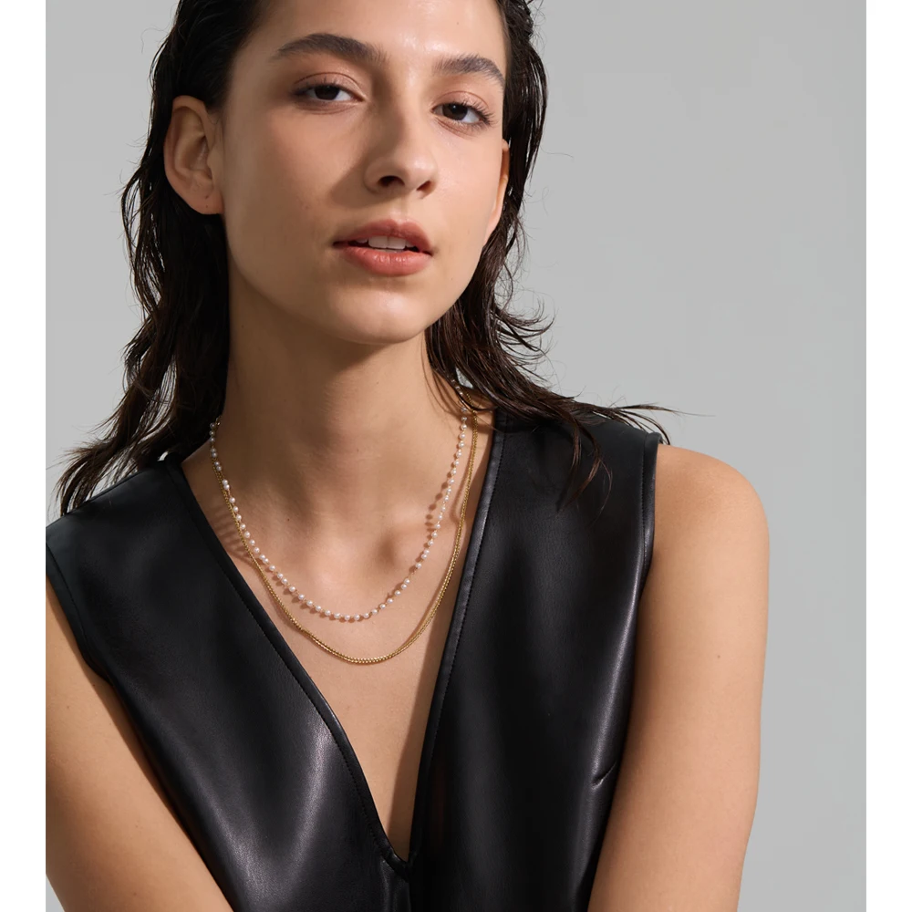 Yhpup Simulated Pearls Double-Layer Chain Overlay Necklace Stainless Steel