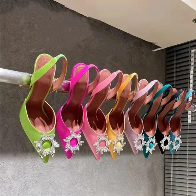 

Buy AMINA MUADDI Begum Satin Sling Heels Slingback Crystal Pointed toe martini heel Bow Knot Rhinestone fashion buckle toe heels