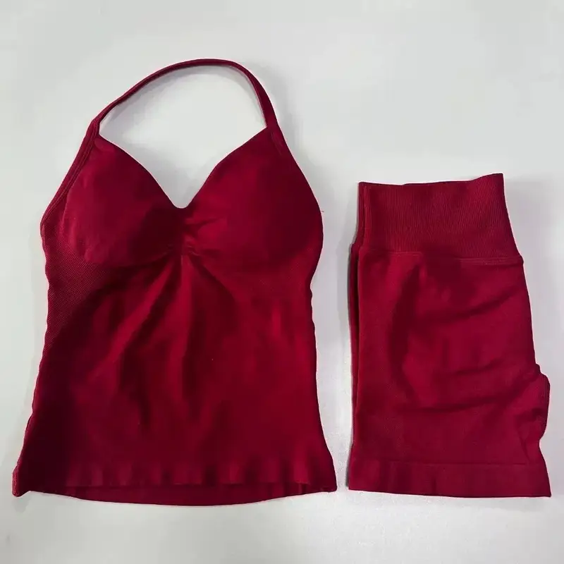 Sexy Halter Neck Beautiful Back High Waist Peach Sports Bras Shorts Suit Pilates Gathering Yoga Vest Training Fitness Bra Sets - Image 6
