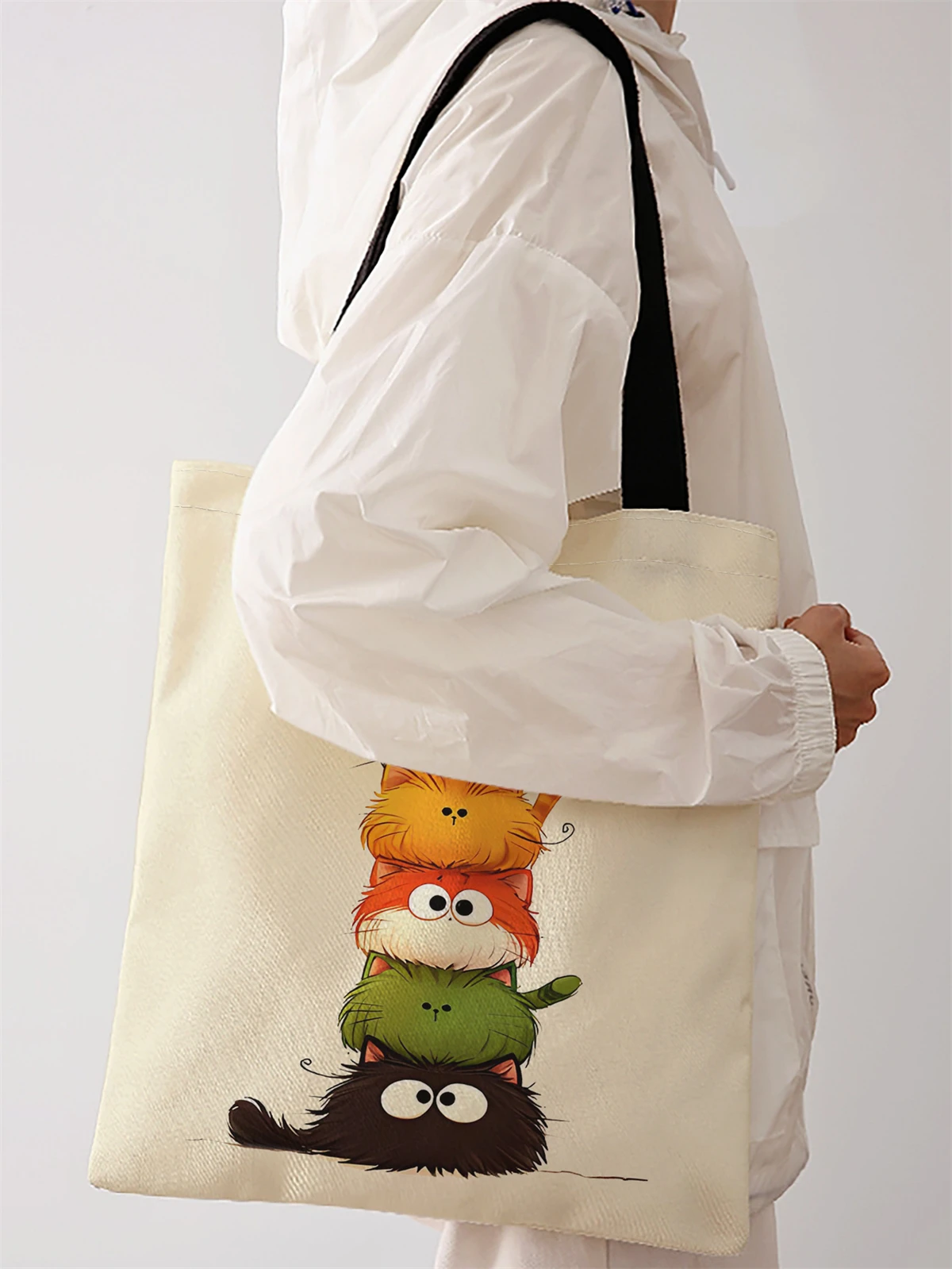 Cat pattern printed casual handbag, reusable fashionable backpack, multifunctional handbag, canvas shopping bag