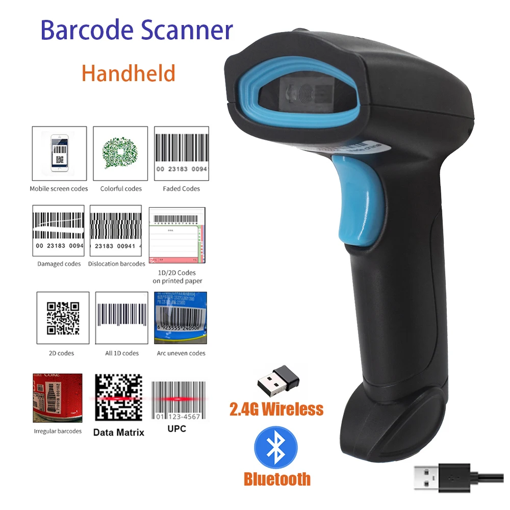 

2D Barcode Scanner Wireless Bluetooth Portable Handheld 1D/2D QR Code Reader Quick Identify Bar code CMOS for Retail Warehouse