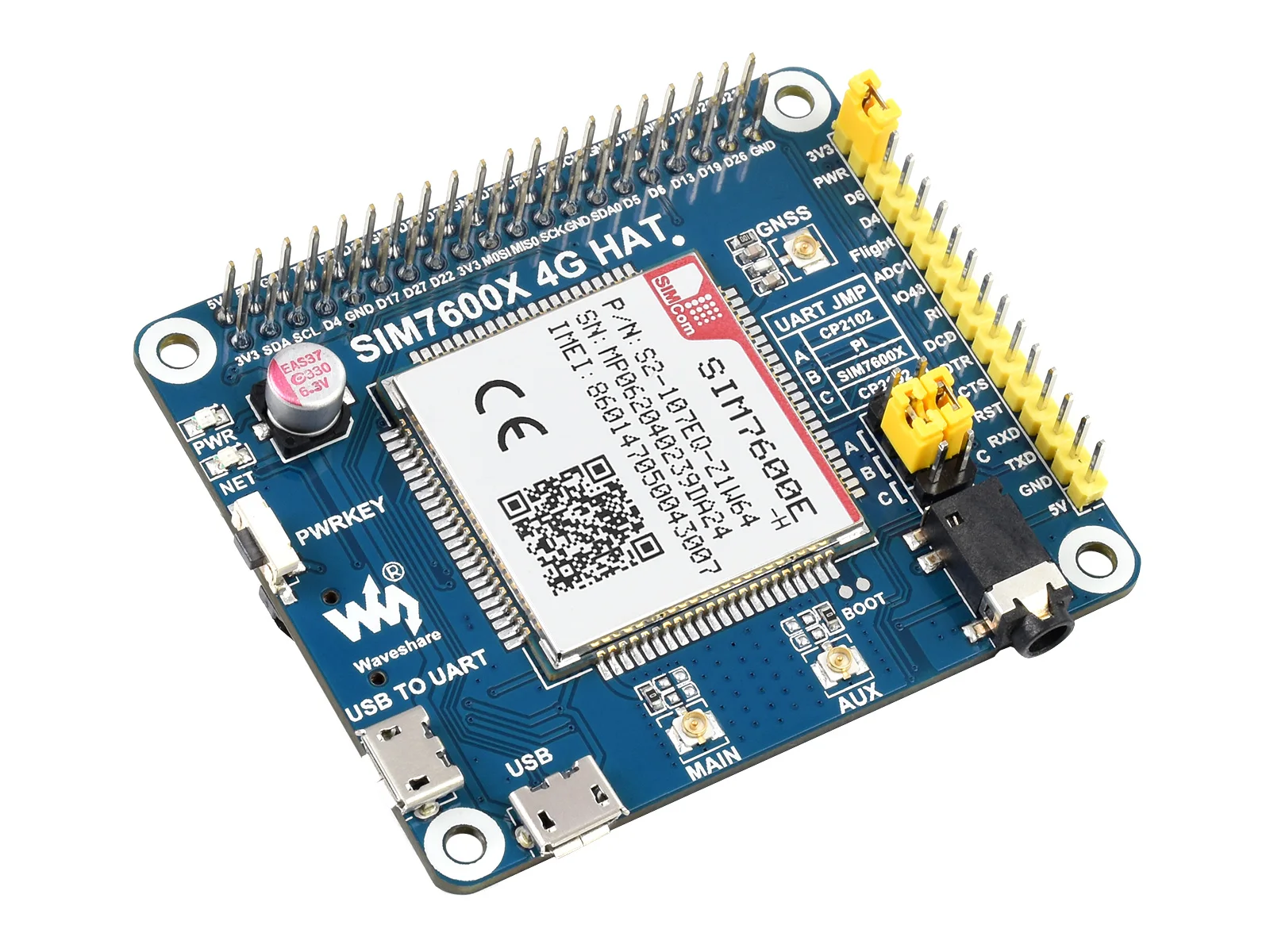 Waveshare SIM7600E-H  ̿ 4G HAT, LTE Cat-4 4G, 3G, 2G, GNSS, , ƽþ, ƽþ, ī