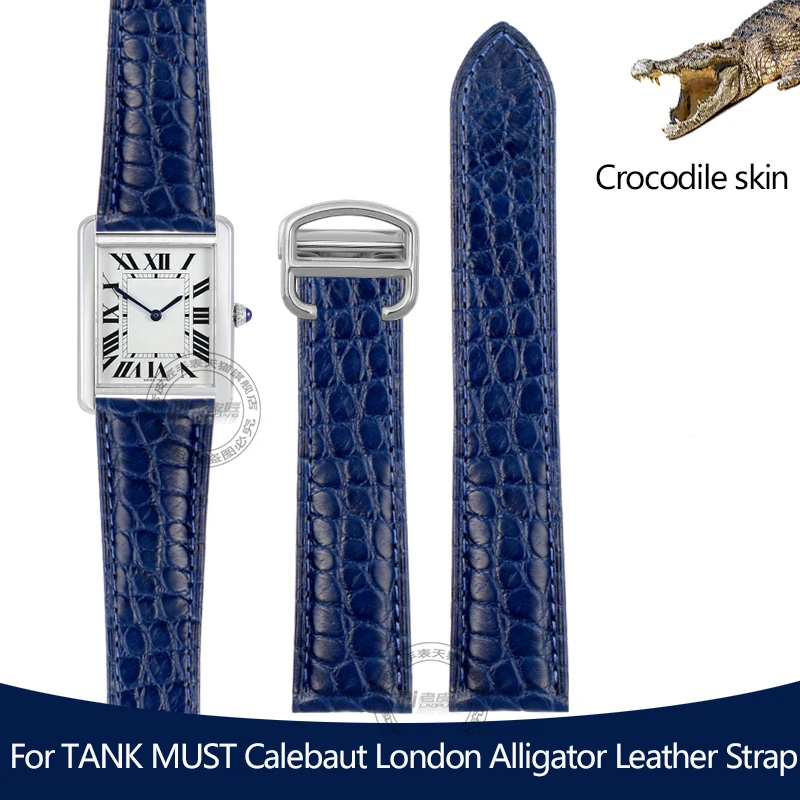 

Blue Alligator Leather Watchband 20mm 22mm For Cartier TANK MUST Caleb London Crocodile Watch Bracelet Folding Clasp Strap Brown