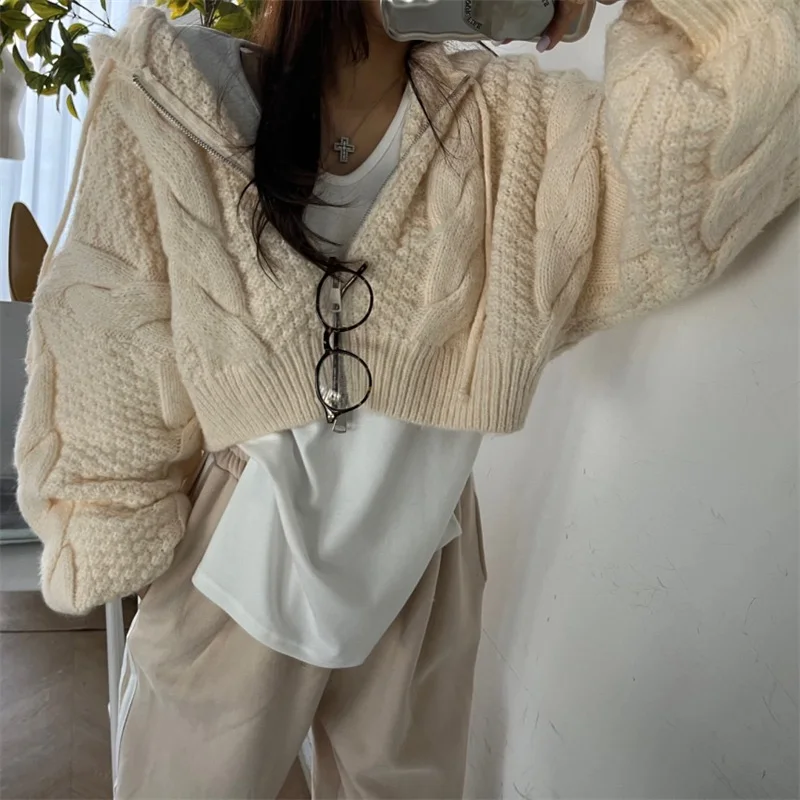 Women Long Sleeve Knitted Sweater Casual Hooded Cardigan