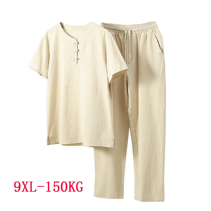 Summer men shirt 5XL 6XL 7XL 8XL 9XL Bust 155cm plus size linen large size shirt with pants men 5 colors linen shirt