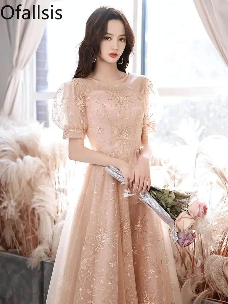 

Ofallsis French Style O neck Evening Dress Champagne Color 2024 Summer New Banquet Elegant Style Art Exam Host Adult Dresses