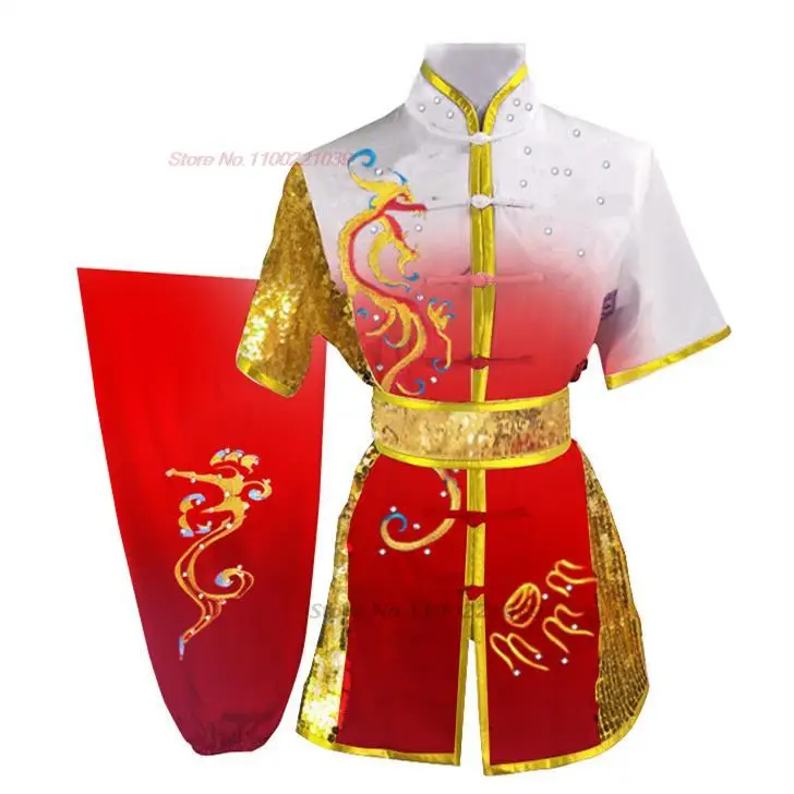 Traditional Chinese Wushu Kung Fu Set Sequin Dragon Embroidery Shaolin Uniform Kungfu Stage Performance Tops + Pant + Belt Set chinese traditional costume
