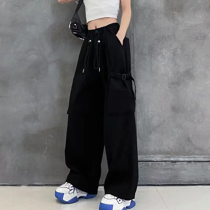 100% Cotton Bandage Patchwork Button High Waist Wide Leg Trousers Spring Autumn Korean Solid Pockets Womens Sweatpants Trend
