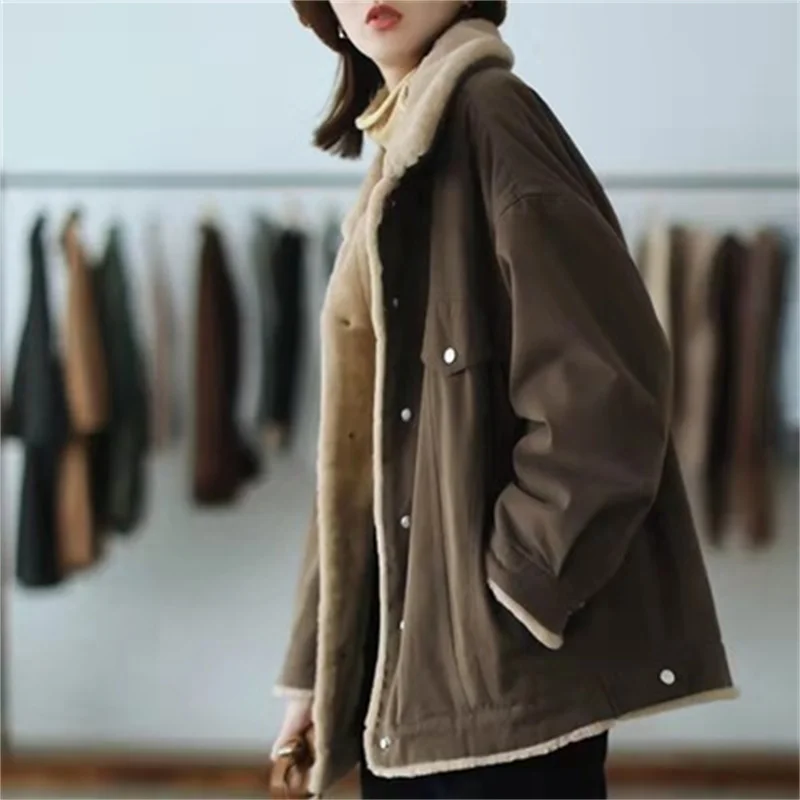 Cotton Coat Women's Coat 2022 Winter New Style Plush Thick Versatile Loose Long Sleeve Warm Cotton Coat Women's Solid Color X100