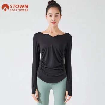 Stown Sportswear Bodybuilding T-shirt a maniche lunghe Palestra Fitness Abbigliamento donna con foro per il pollice Pieghettato Dimagrante Pilates Yoga Top