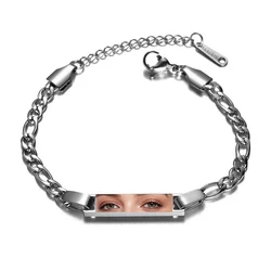Custom Engraved Eye Photo Bracelet - Personalized Couples Jewelry Gift - Text and eyes (Silver)