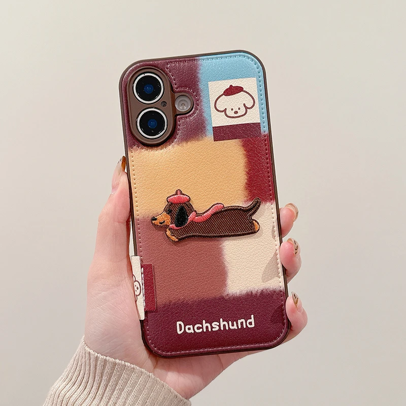 Lovely Embroidered Puppy Dog Leather Drum Bag Case For iPhone 11 12 13 14 15 16 Pro Max Shockproof Phone Back Cover
