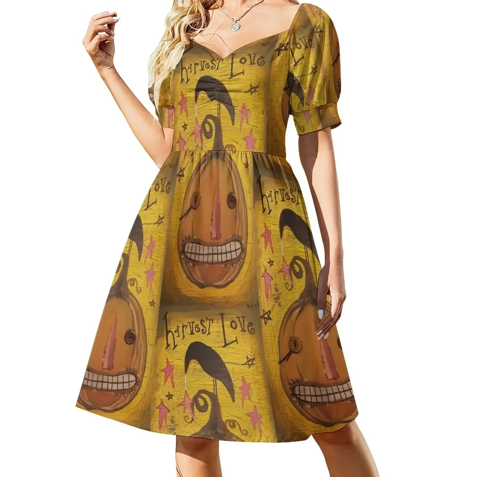 thumbnail image 1 of Vestido de manga corta con estampado de calabaza y cuervo de Harvest Love, ropa de verano, vestidos de noche de lujo, traje de verano para mujer, 1 of 7