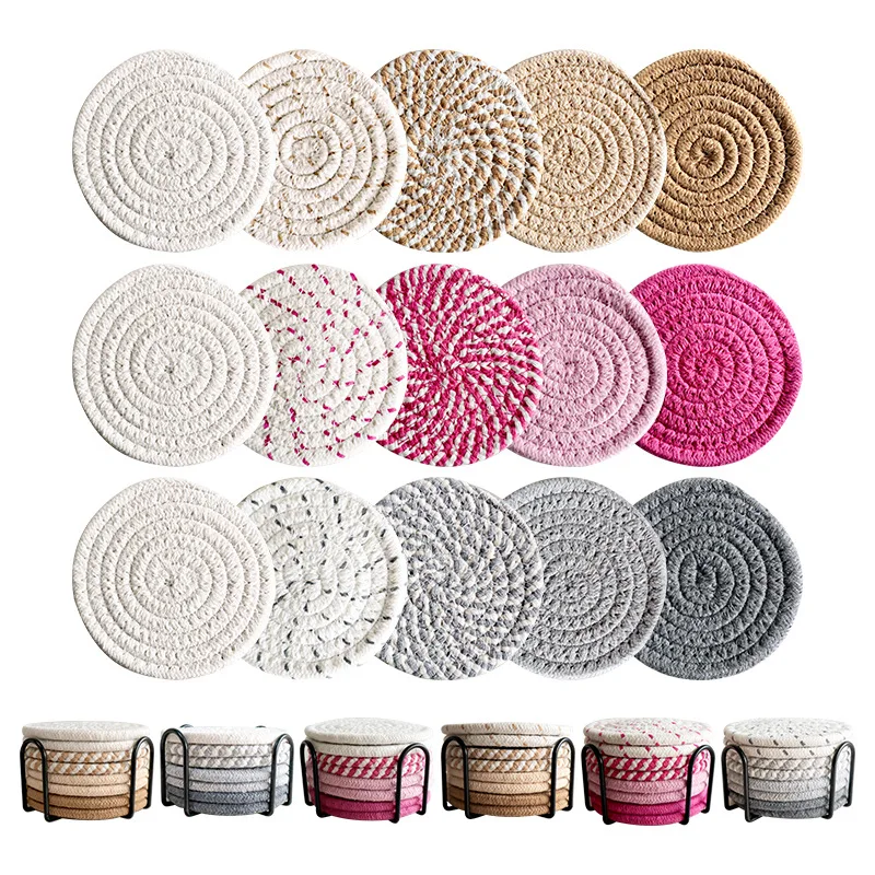 HeMu 8-Piece Set Absorbent Coasters for Drinks, Minimalist Cotton Woven Coasters Coffee Table Decor Boho Cute Cup Coasters 2
