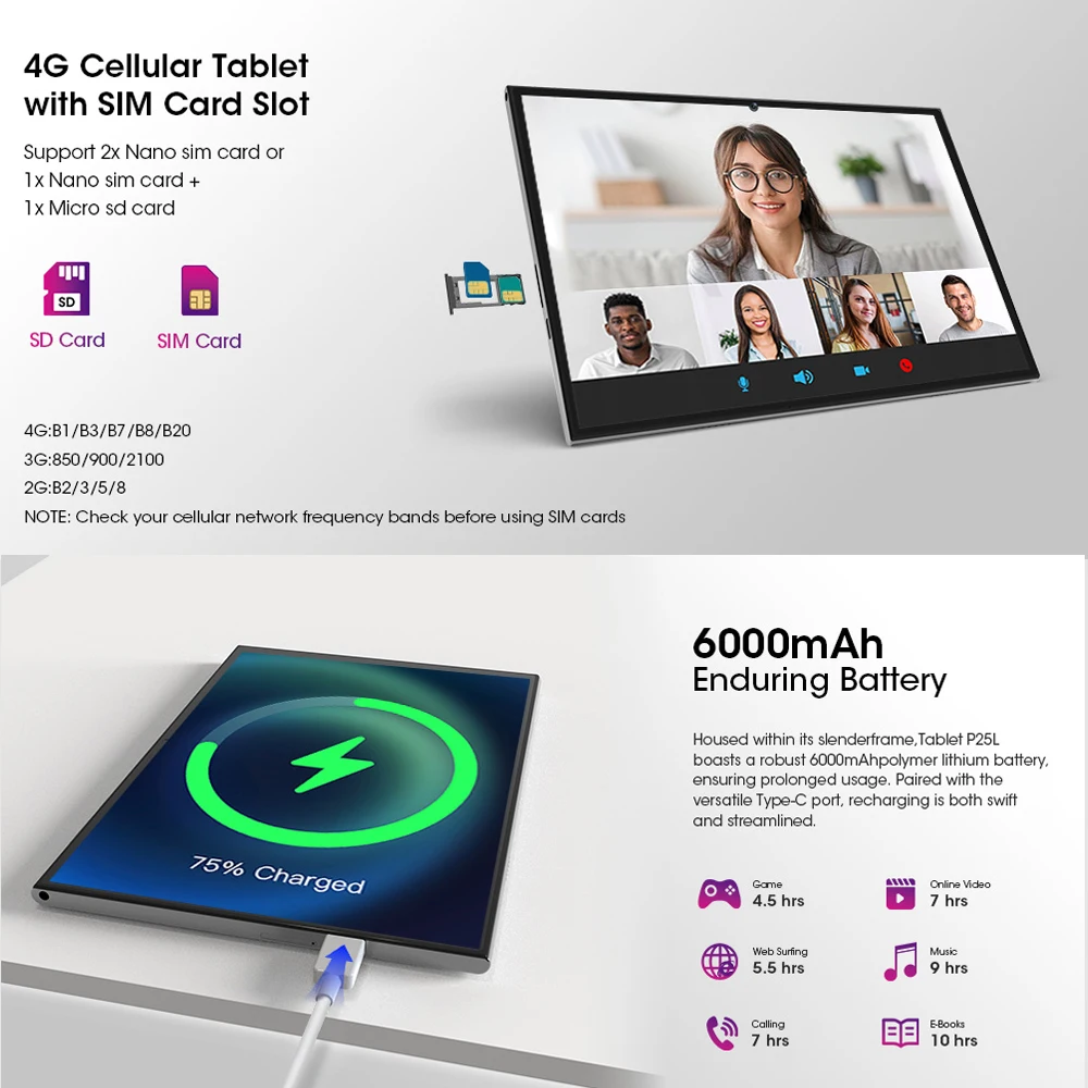CWOWDEFU Android 14 Tablet 4G SIM Unlocked 10.1" HD+ 8-Core CPU 2.3GHz 8GB(4+4) 128GB 5G WiFi 5+8MP Cams 6000mAh GPS Kids Tablet 3