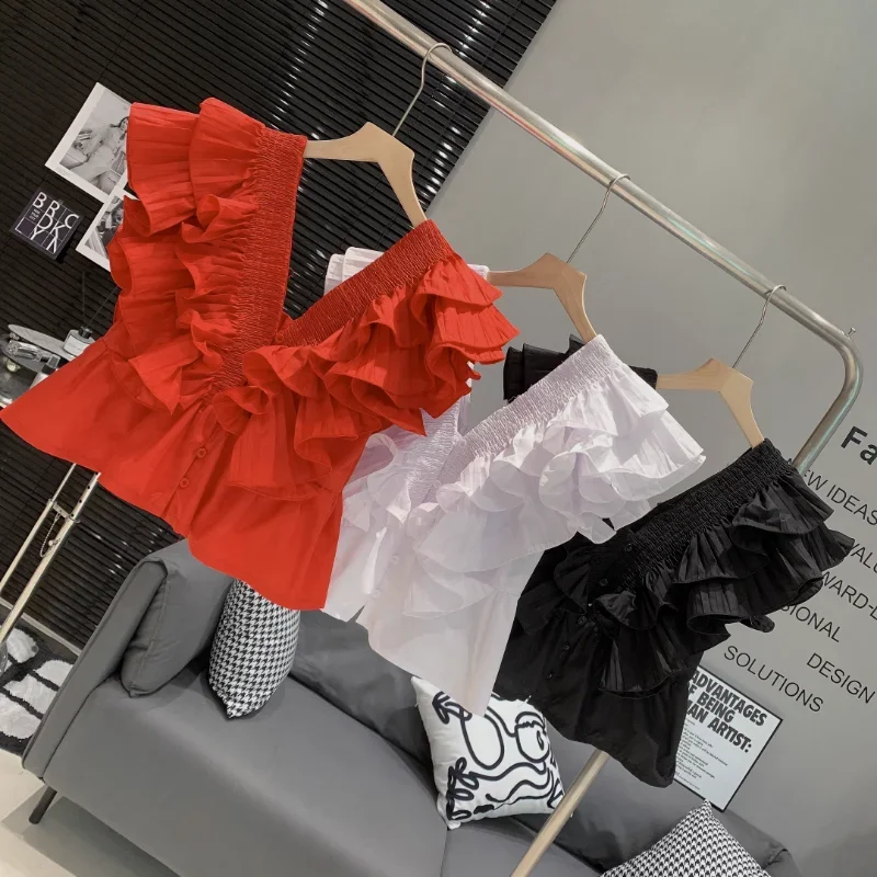 Sexy Red V Neck Blouse Layered Ruffled Sleeveless Chiffon Shirt 