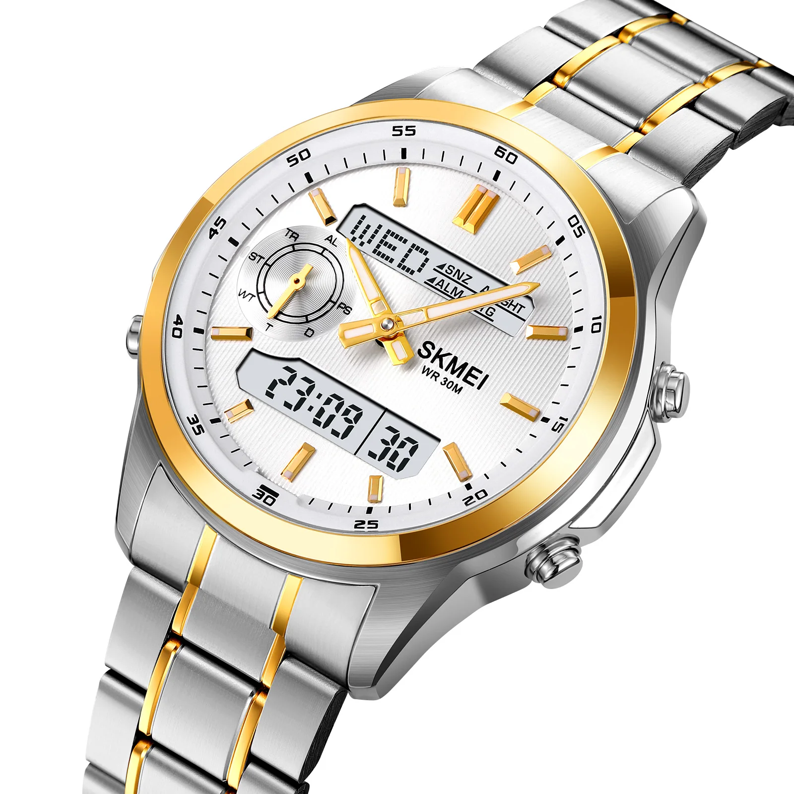 Skmei Men's LED Waterproof Sports Watch with Analog-Digital Display and Multi-Time Zone功能