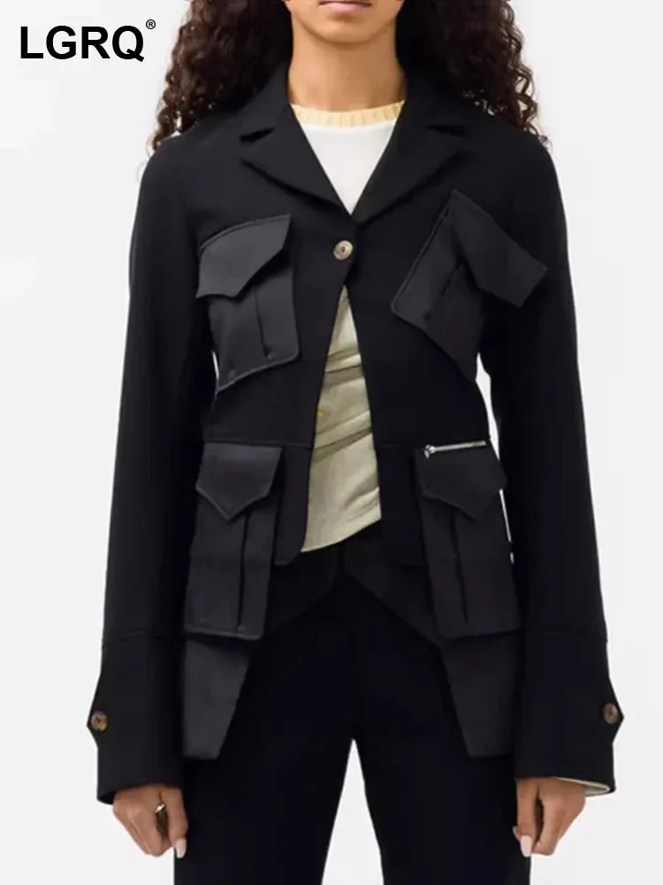 

LGRQ Patchwork Pockets Blazer Niche Design Women High Street Wear Spliced Single Button Casual Fashion Jacket Female New 19F1911
