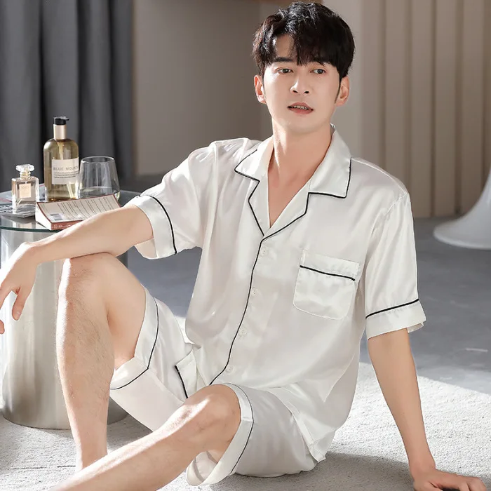 여름 남성 루즈핏 캐주얼 라운지웨어 세트 남성 패션 스트라이프 파자마 반팔 셔츠 반바지 가디건 야외복 파자마