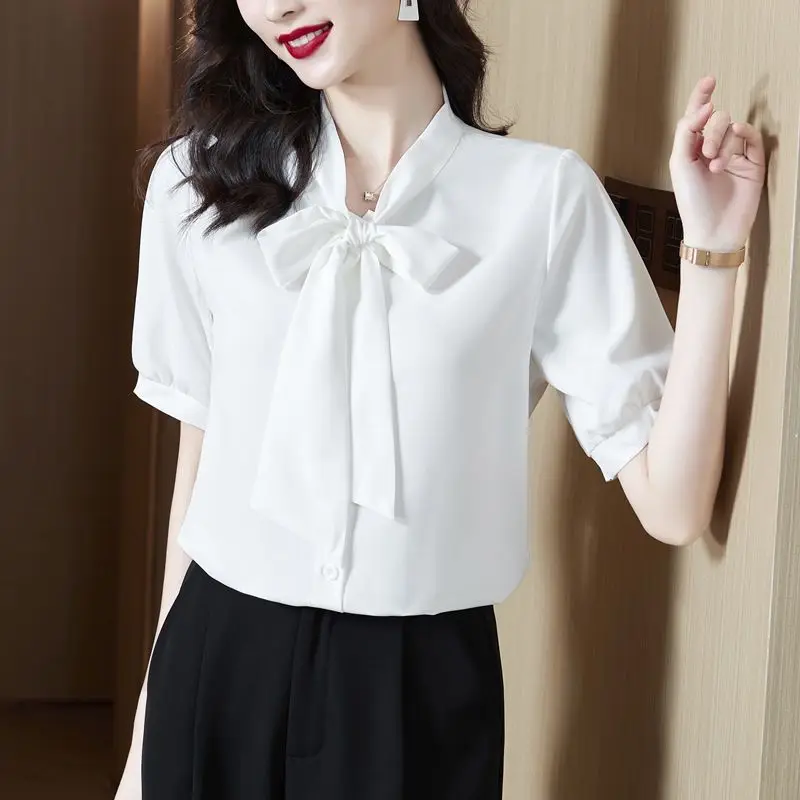 2024 New Summer Sweat Loose Casual Office Lady Retro Women's Shirt Solid Color Chiffon BOW Lapels Short Sleeve Irregular Tops