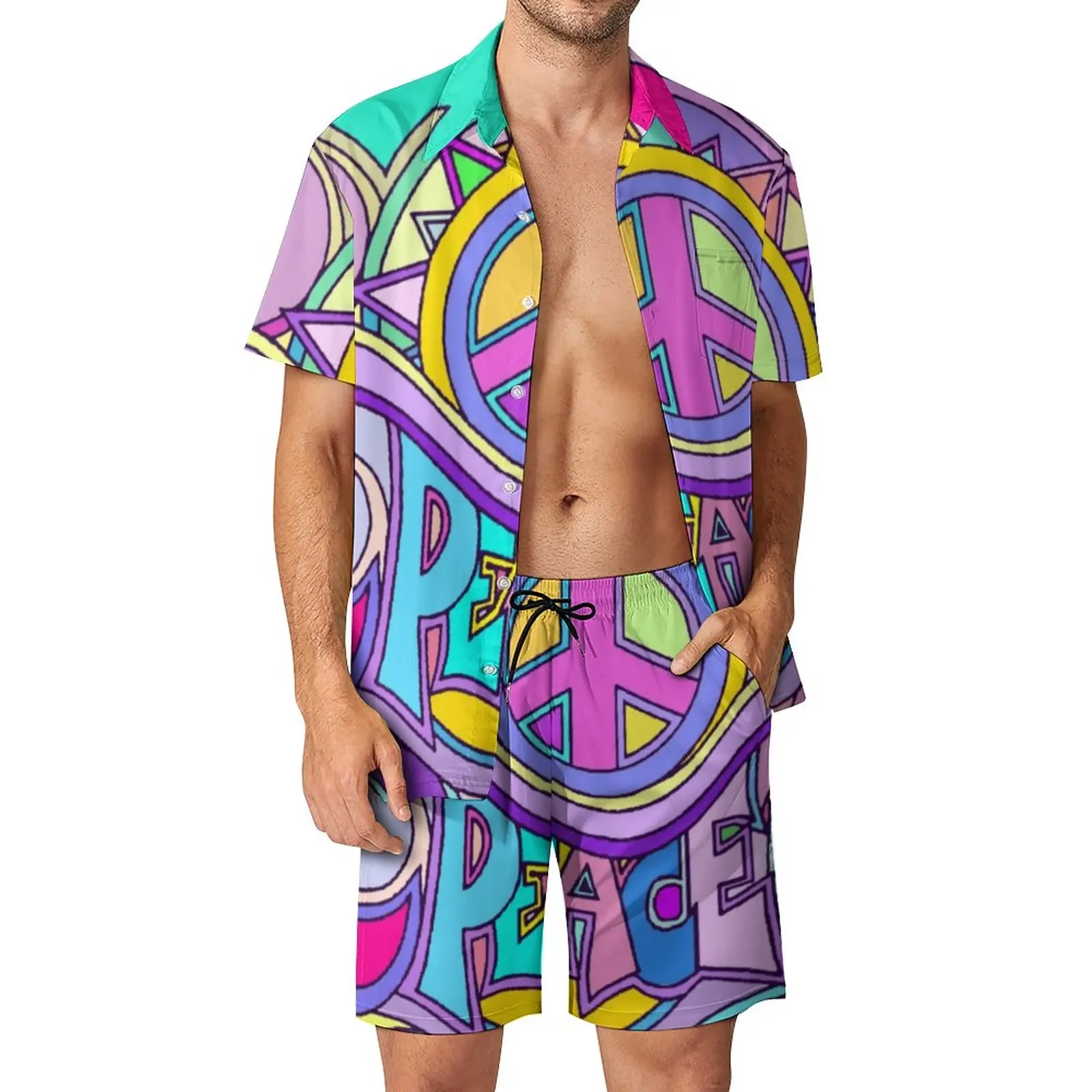 Flower Power Peace Men Sets Retro Hippy 70s Casual Shirt Set Trendy Beach Shorts Summer Graphic Suit 2 Piece Clothing Plus Size 2