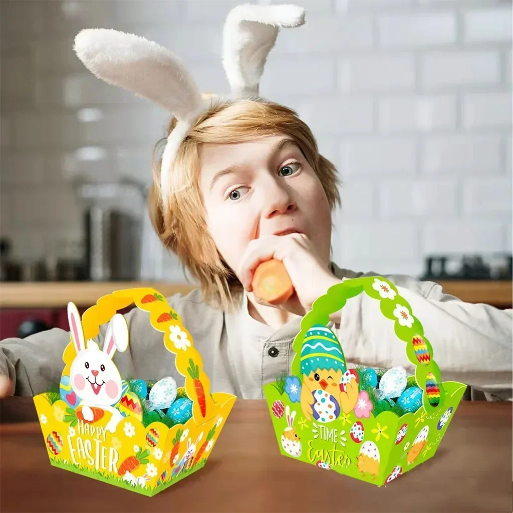 4pcs Cute Easter Paper Basket Cartoon Bunny Chick Party Easter Eggs DIY Rabbit Candy Bag Happy Day Party Gifts Decor