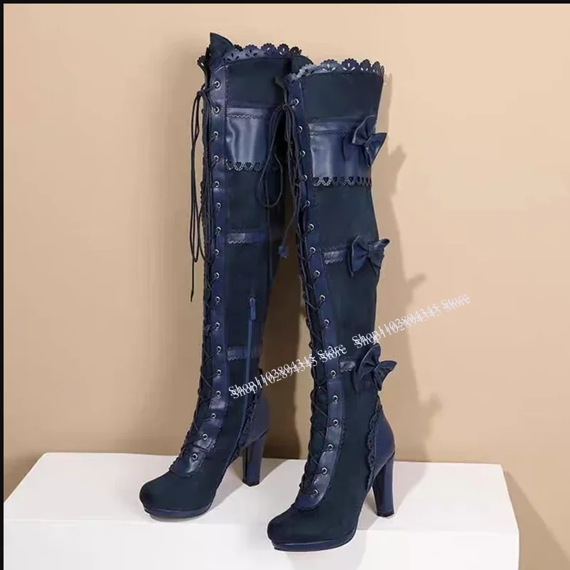 

Black Lace Up Bow Knot Boots Thin High Heel Over Knee High Fashion Sexy 2024 Summer Casual Big Size Woman Shoes Zapatillas Mujer